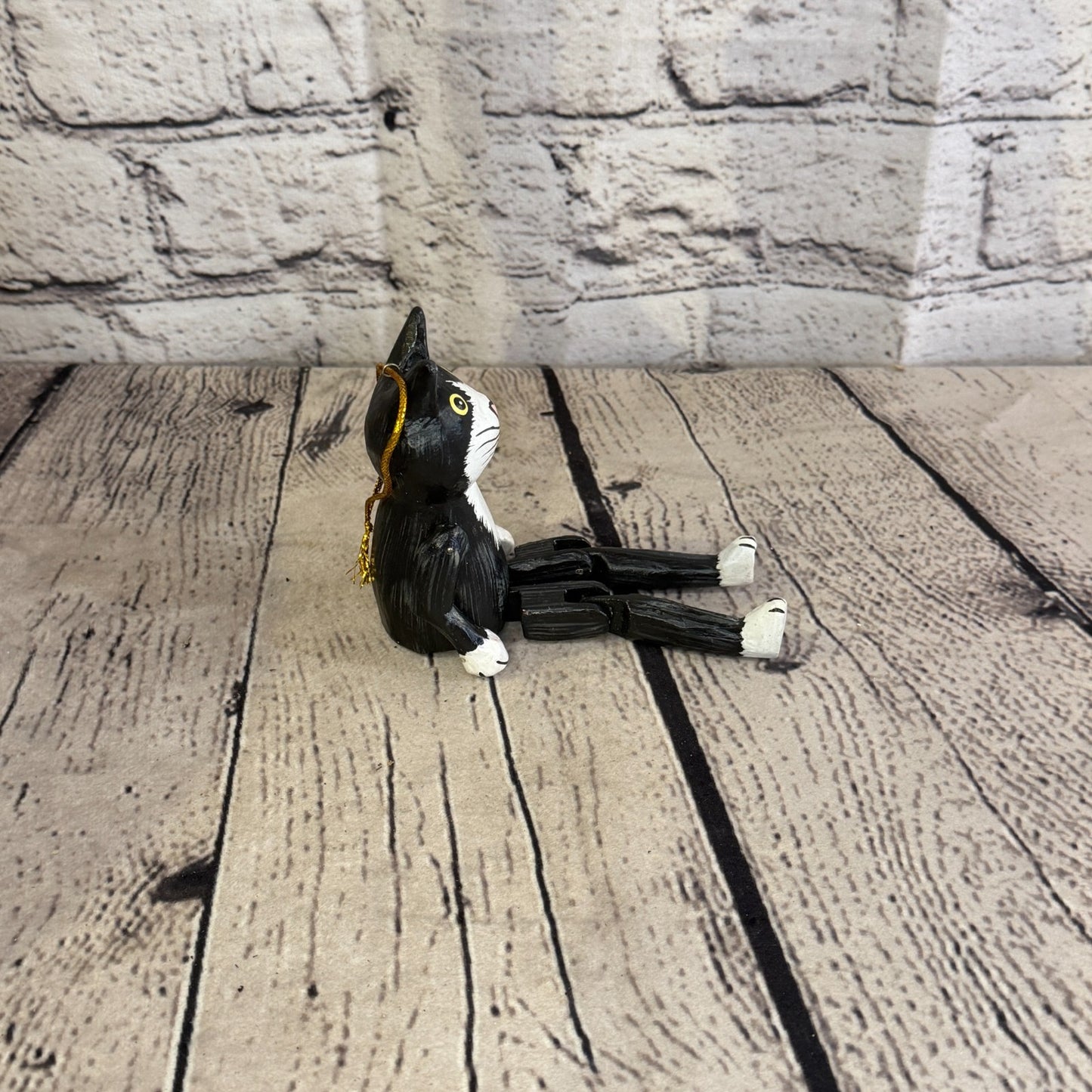 10cm Black White Cat Sitting Animal, Wooden Shelf Ornament Handmade Fairtrade3
