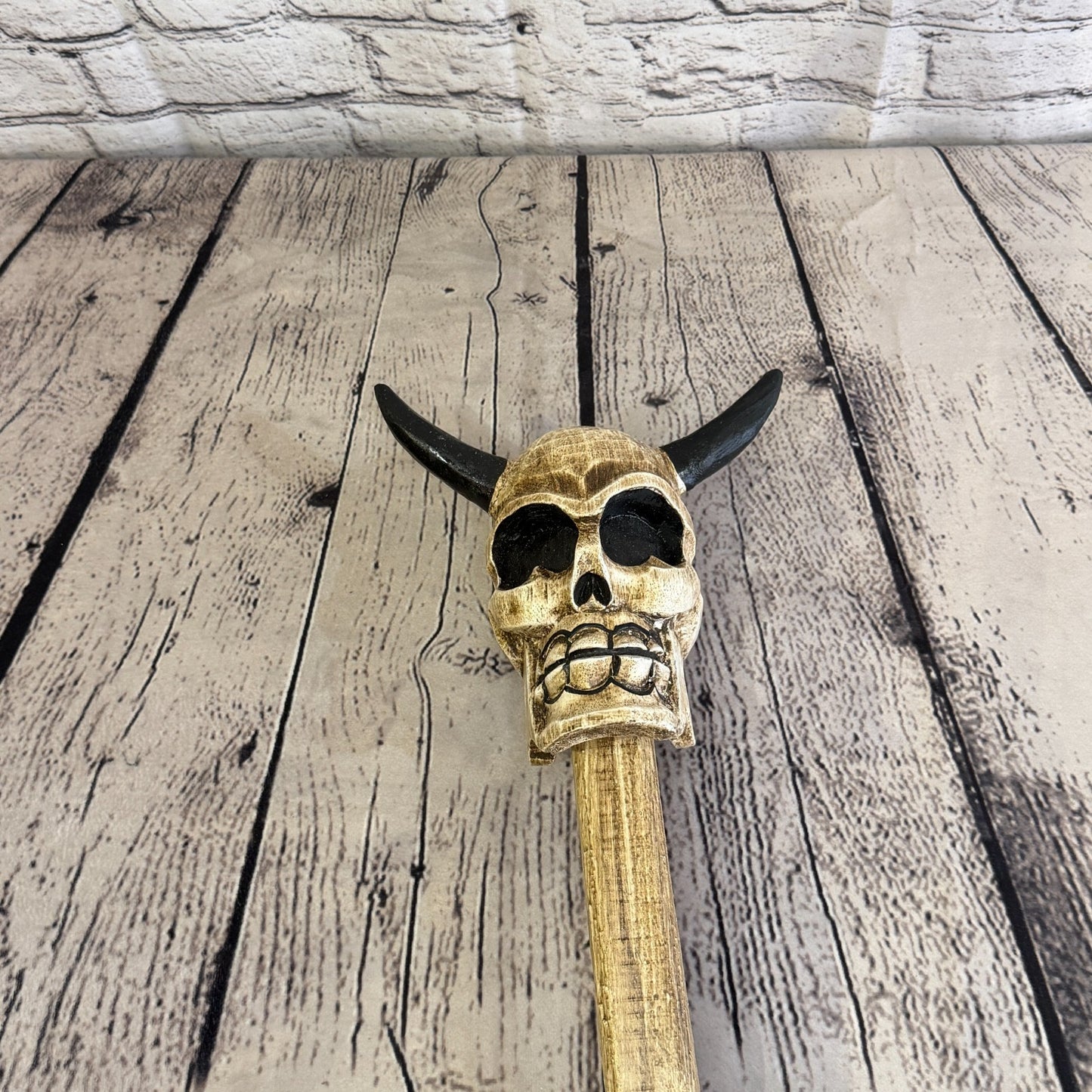 110cm Skeleton Skull With Horns Wood Stick Hand Carved Halloween Walking Staff4