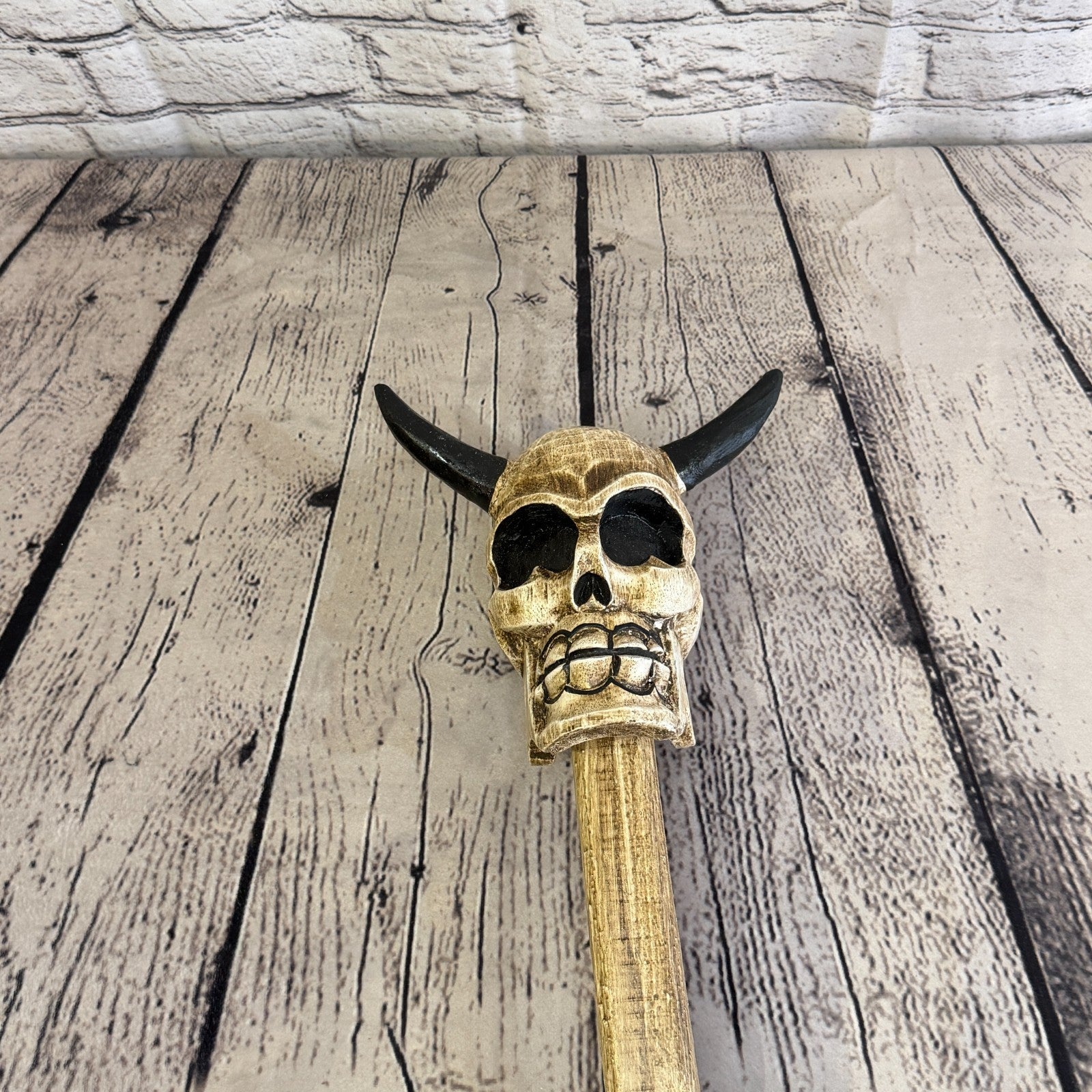 110cm Skeleton Skull With Horns Wood Stick Hand Carved Halloween Walking Staff4