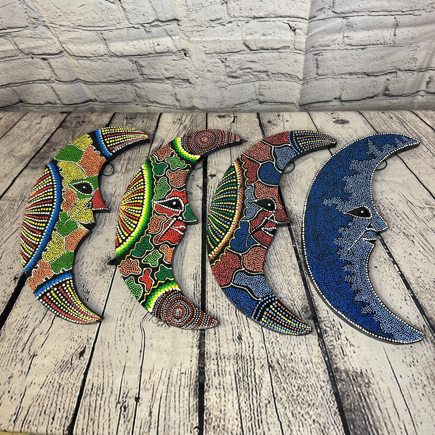 30cm Crescent Moon Carved Wooden Dot Painted Ethnic Tribal Tiki Wall Art No 25