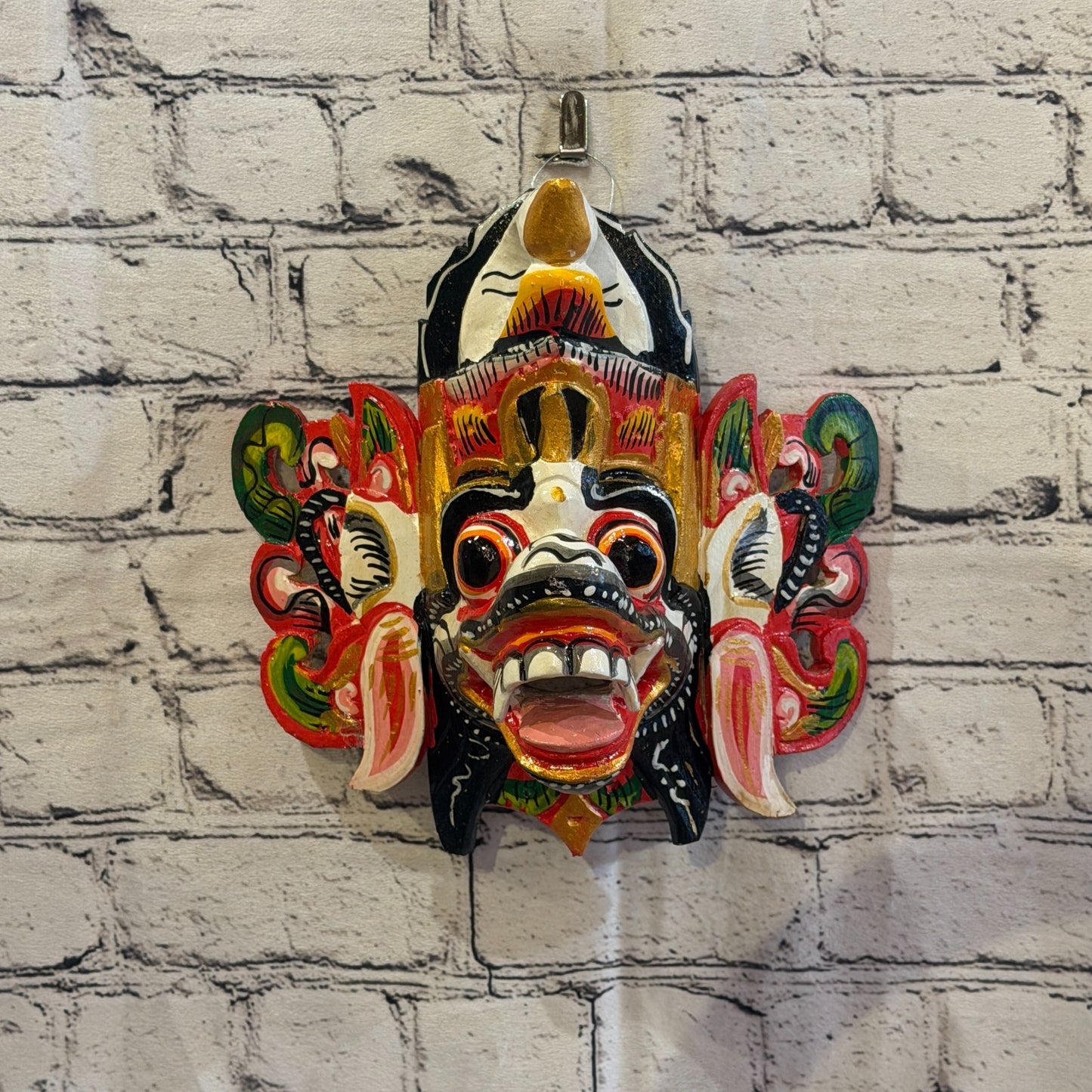25cm Barong Crown White Demon Dragon Hindu Deity Wooden Hand Carved Mask Painted3