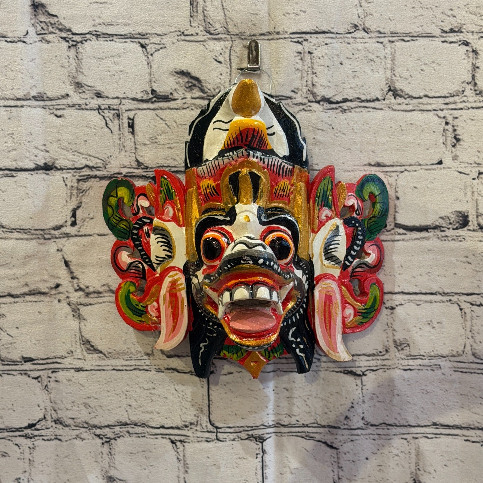 25cm Barong Crown White Demon Dragon Hindu Deity Wooden Hand Carved Mask Painted3