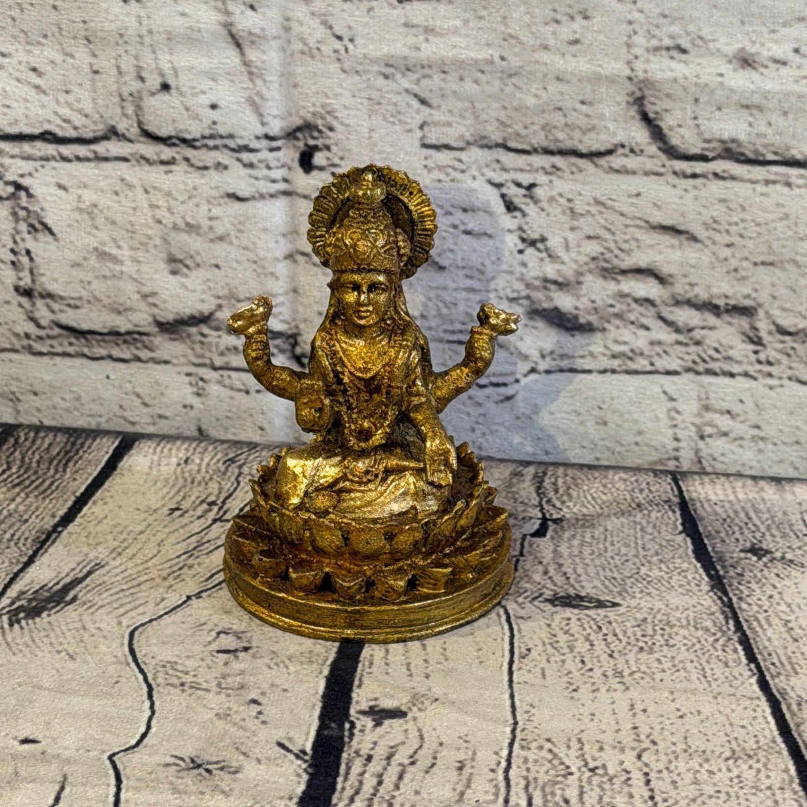 Bronze & Bronze 12cm x 8cm Small Lakshmi Sitting Lotus Statue Resin Hindu God1