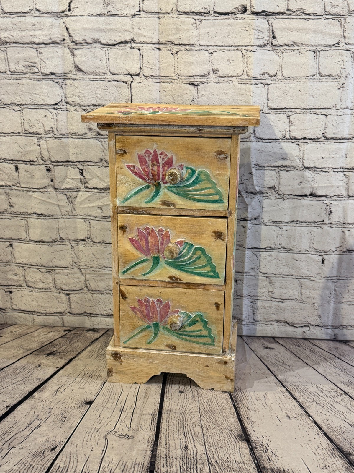 50cm x 25cm Flower 3 Draw Pillar Wooden Side Cabinet Living Storage Furniture1
