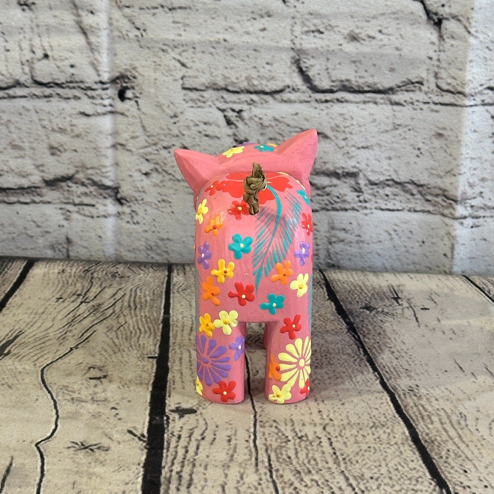 Pink Small Wooden Cat With Flower Pattern 10cm x 8cm Handmade and Fairtrade5