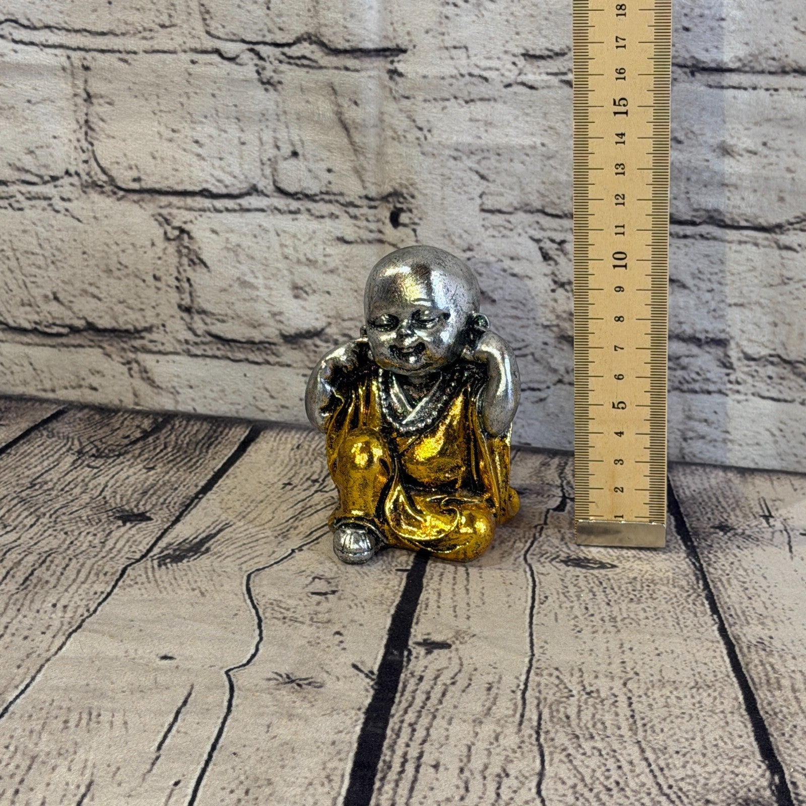 Silver Gold 10cm Set Of 3 Wise Buddha Monks Sitting On Seat Statue Resin Hindu6
