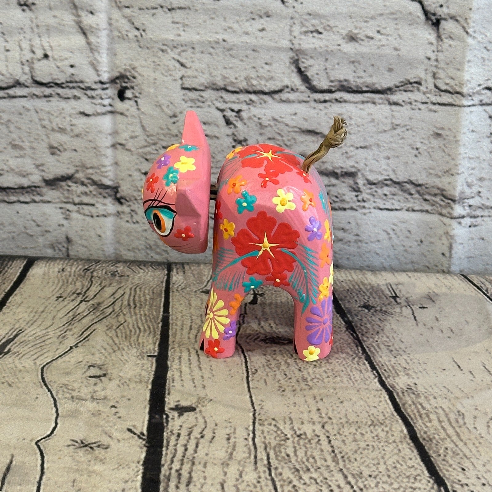 Pink Small Wooden Cat With Flower Pattern 10cm x 8cm Handmade and Fairtrade3