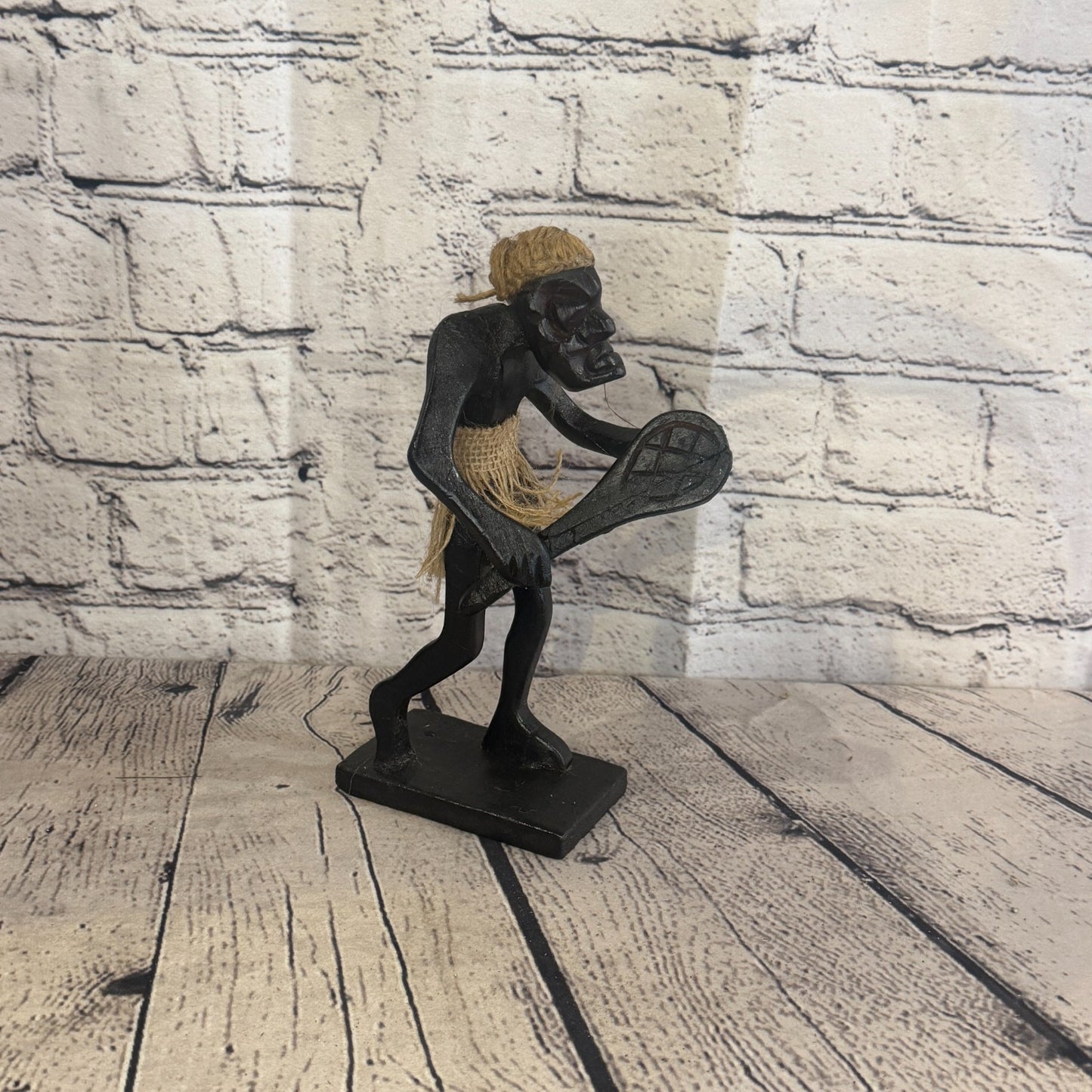 20cm Tennis Playing African Tribal Warrior Man Figure Statue Wood Hand Carved0
