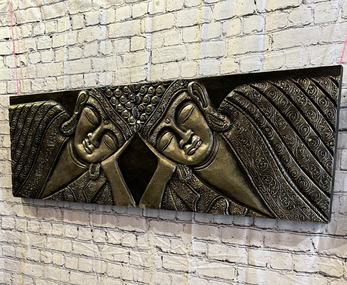 120cm x 40cm Buddha 2 Faces Silver Wooden Wood Panel Wall Art Plaque Handcarved2