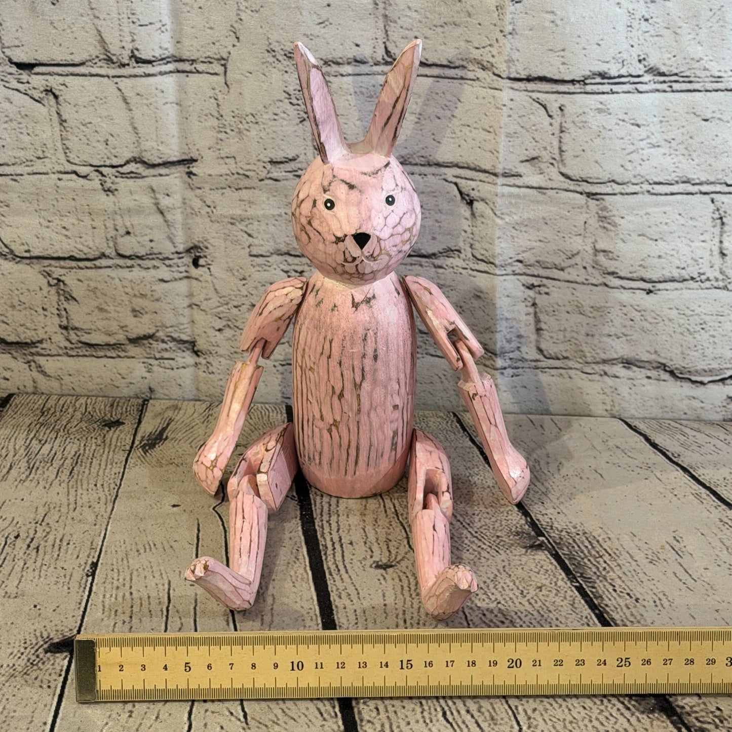 25cm Pink Bunny Rabbit Sitting Animal, Wooden Shelf Ornament Handmade Fairtrade6