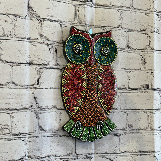 30cm Owl Carved Wooden Dot Painted Ethnic Tribal Tiki Wall Art Handmade No 40