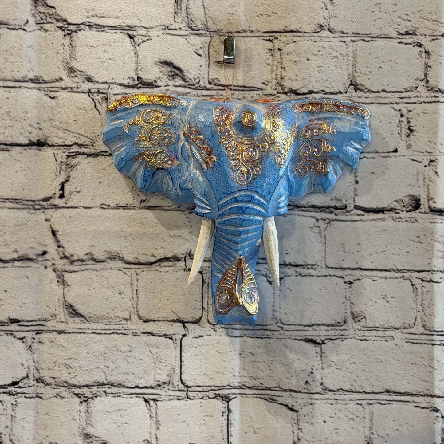 20cm x 20cm Blue Gold Painted Wood Elephant Head Wall Mounted Art Shabby2