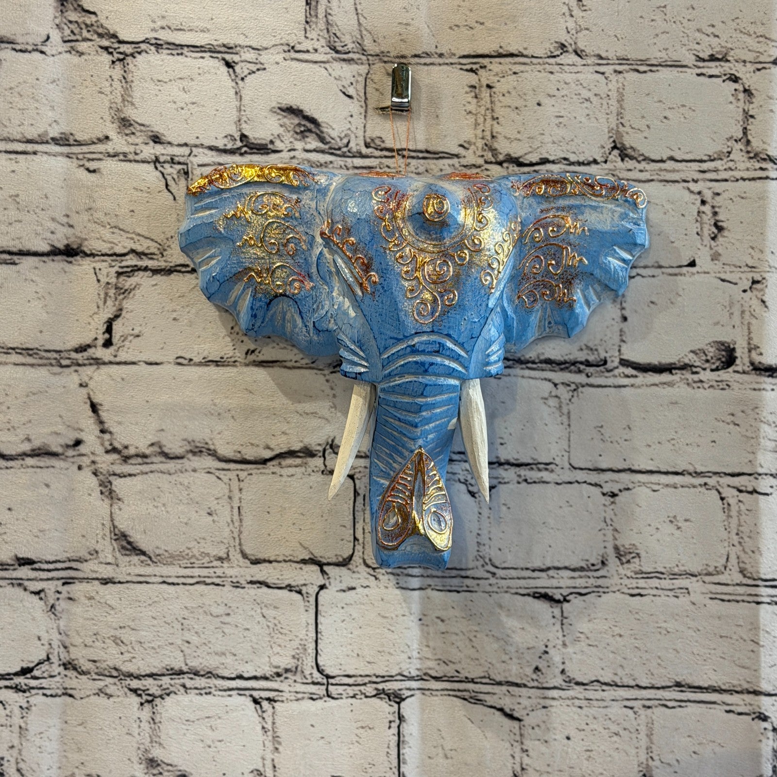 20cm x 20cm Blue Gold Painted Wood Elephant Head Wall Mounted Art Shabby2