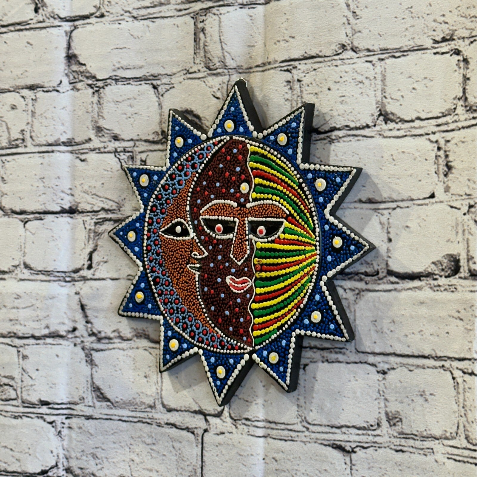 25cm Sun & Moon Carved Wooden Dot Painted Ethnic Tribal Tiki Wall Handmade No 21