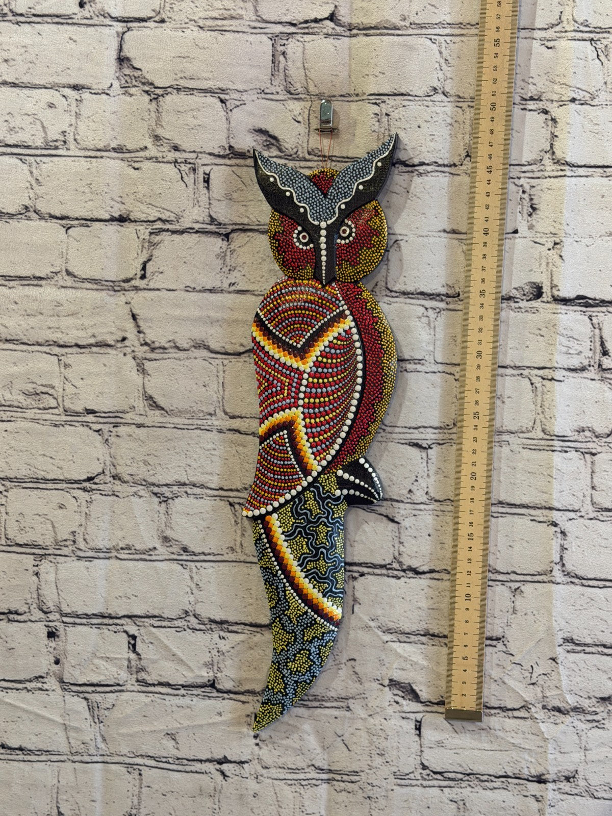45cm Owl Bird Carved Wooden Dot Painted Ethnic Tribal Tiki Wall Art No 24