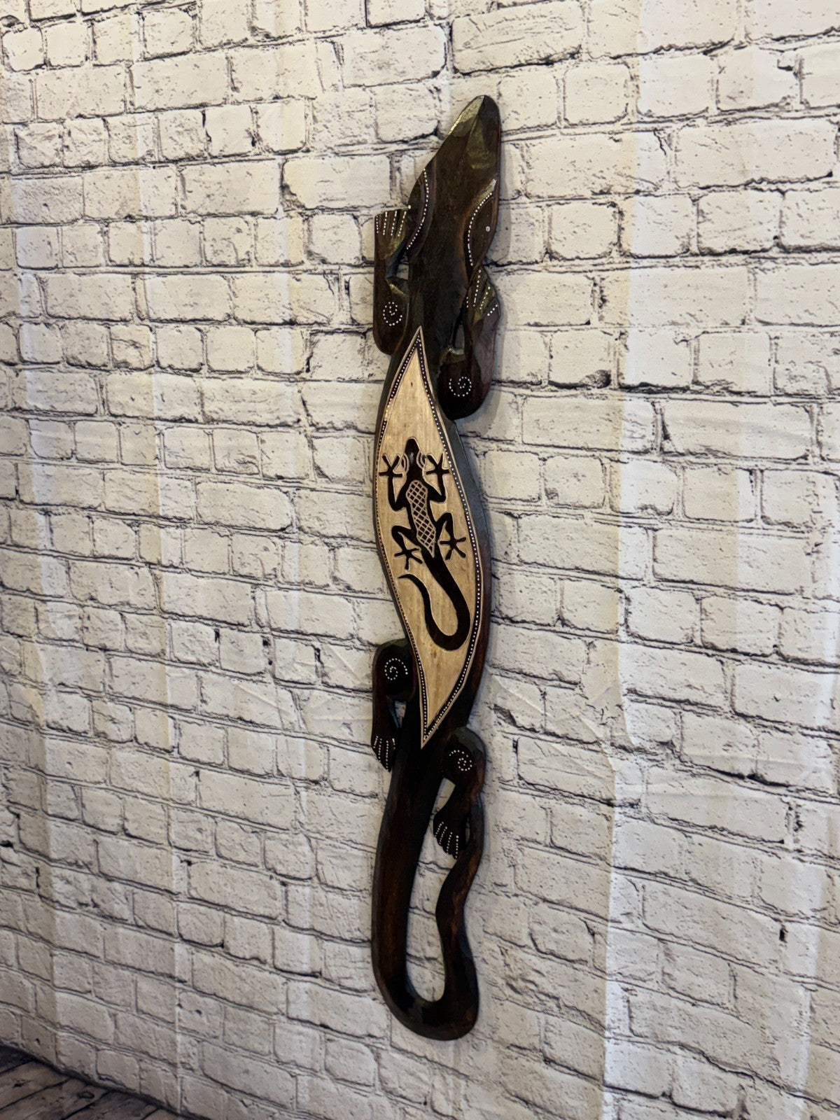100cm Gecko Gecko Carved Wooden Brown Work Painted Ethnic Tribal Tiki Art1