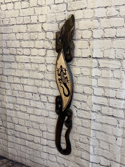 100cm Gecko Gecko Carved Wooden Brown Work Painted Ethnic Tribal Tiki Art1