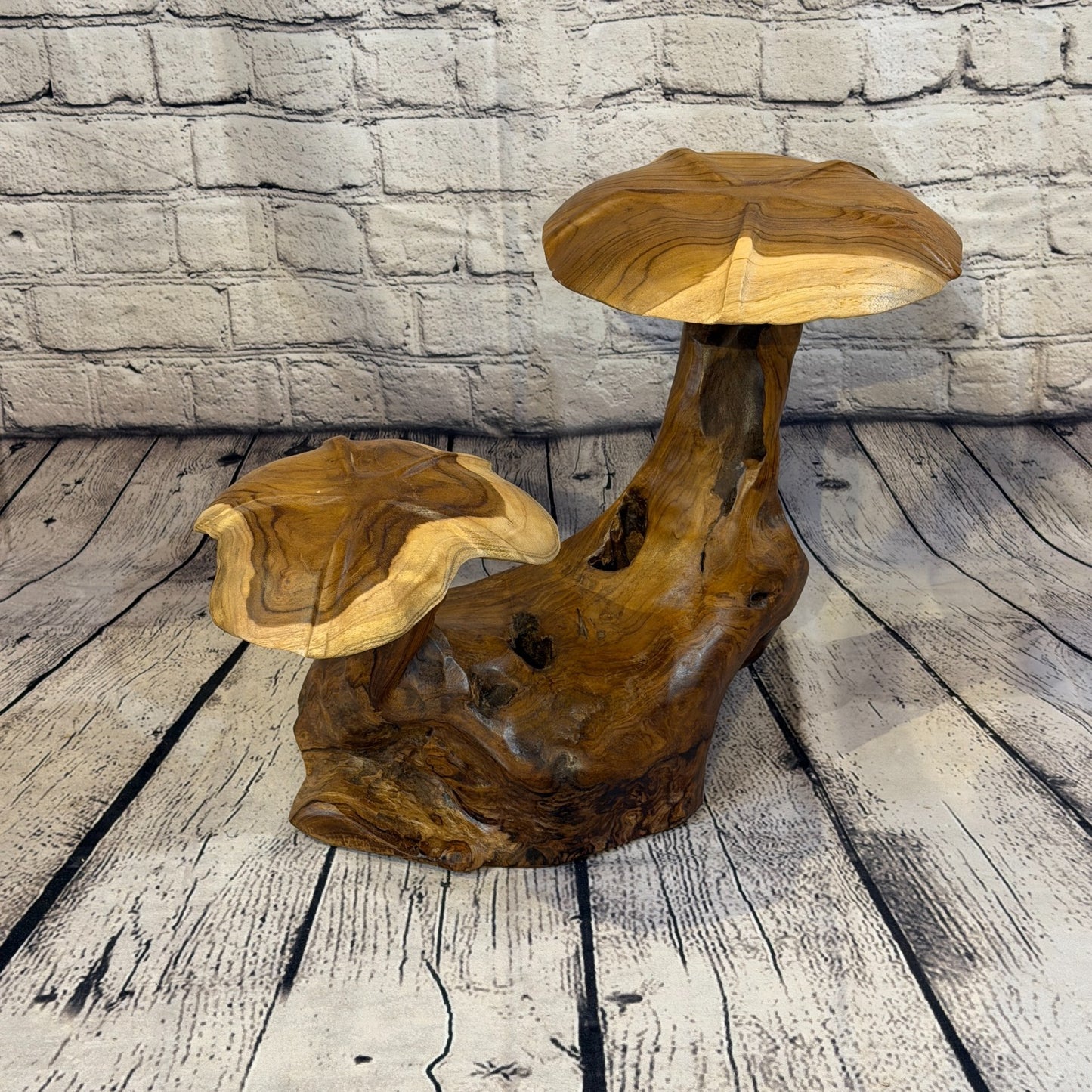 45cm x 35cm Double Wooden Mushroom Toadstool Sculpture Garden Teak Root Ornament0