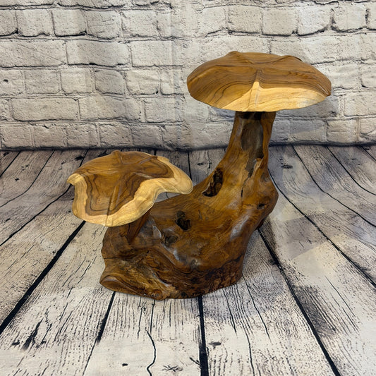 45cm x 35cm Double Wooden Mushroom Toadstool Sculpture Garden Teak Root Ornament0