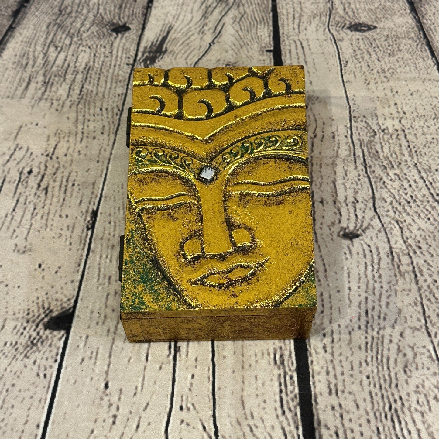 Bright Gold Thai Plain Buddha Head 10cm x 15cm x 4cm Wooden Box Trinket Handmade0