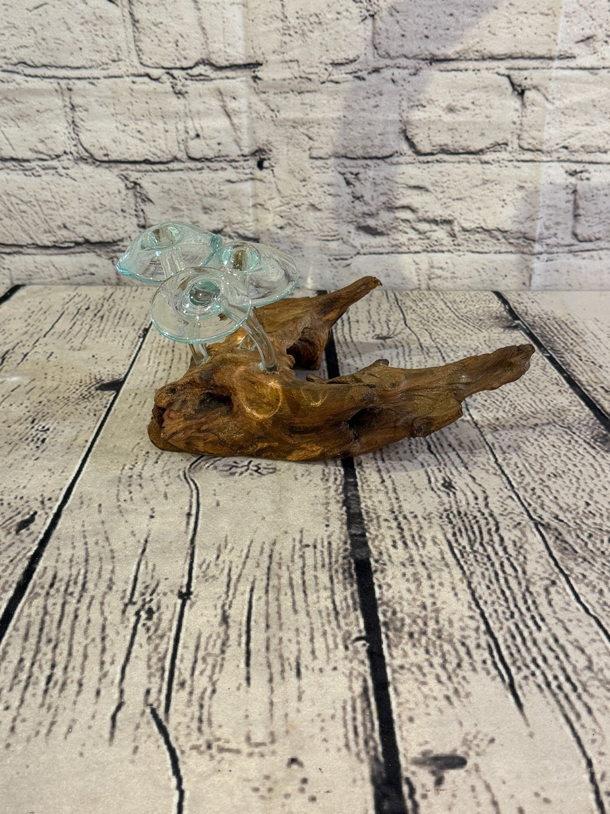 10cm Tall 3 Mushrooms Clear Colour Melted Glass Wood Decorative Glass Sculpture2