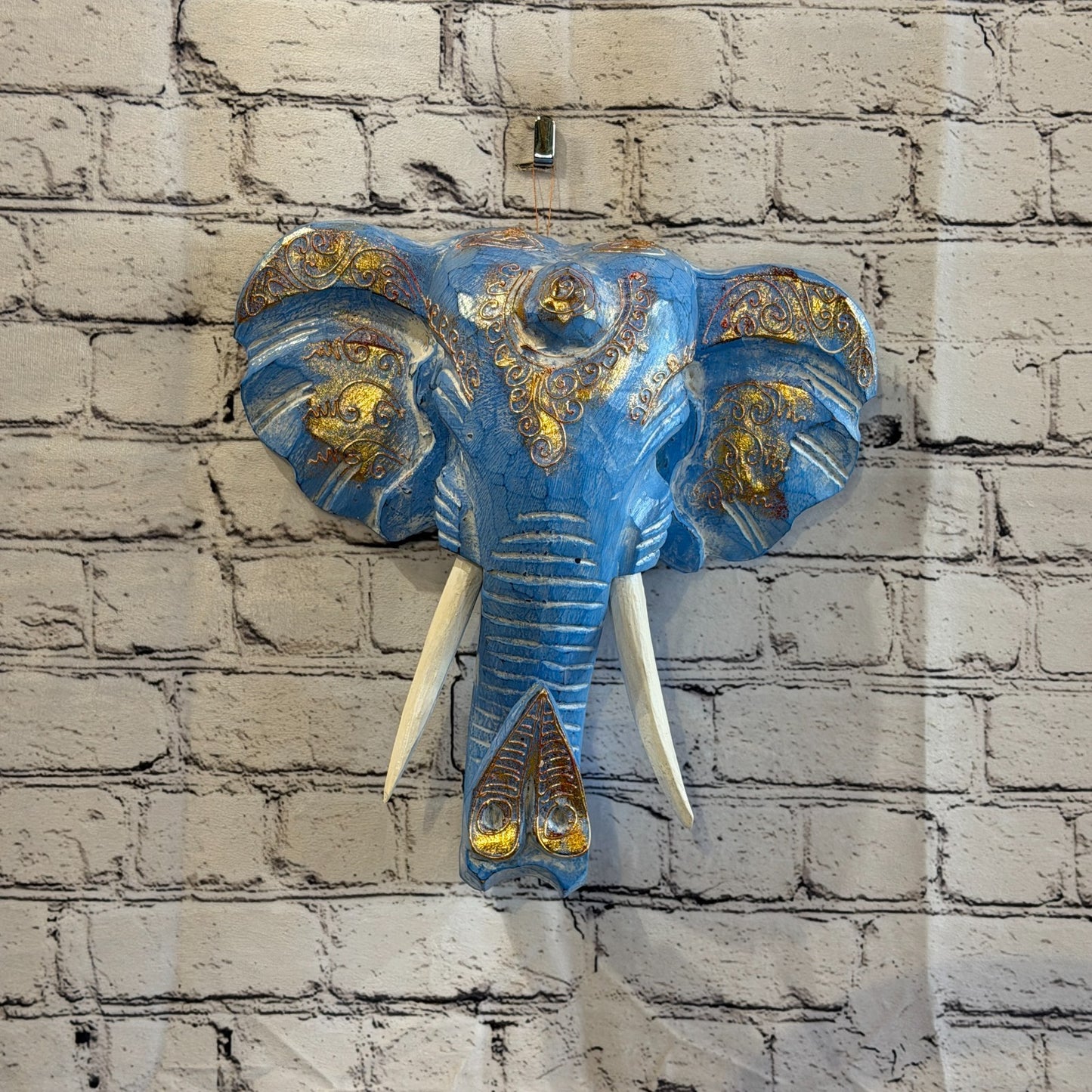 30cm x 30cm Blue Gold Painted Wood Elephant Head Wall Mounted Art Shabby2