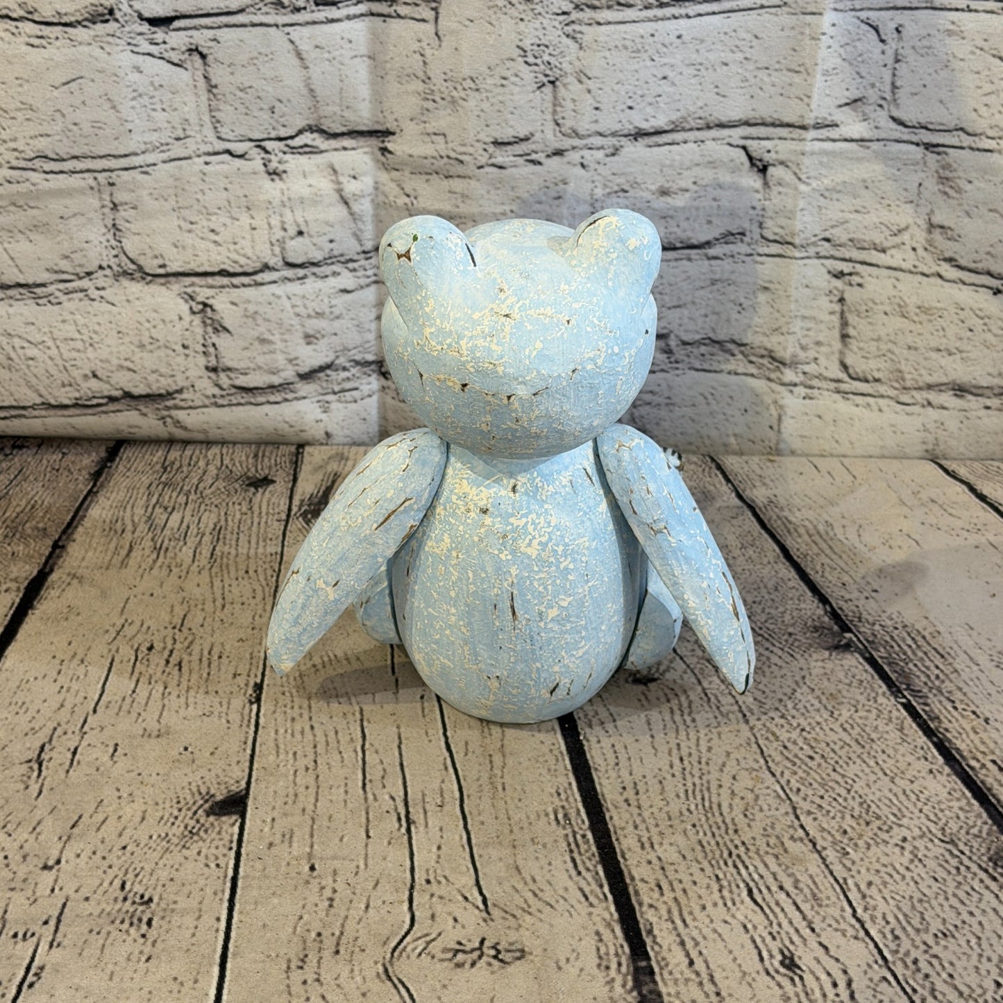 20cm Blue Teddy Bear Sitting Animal, Wooden Shelf Ornament Handmade & Fairtrade4