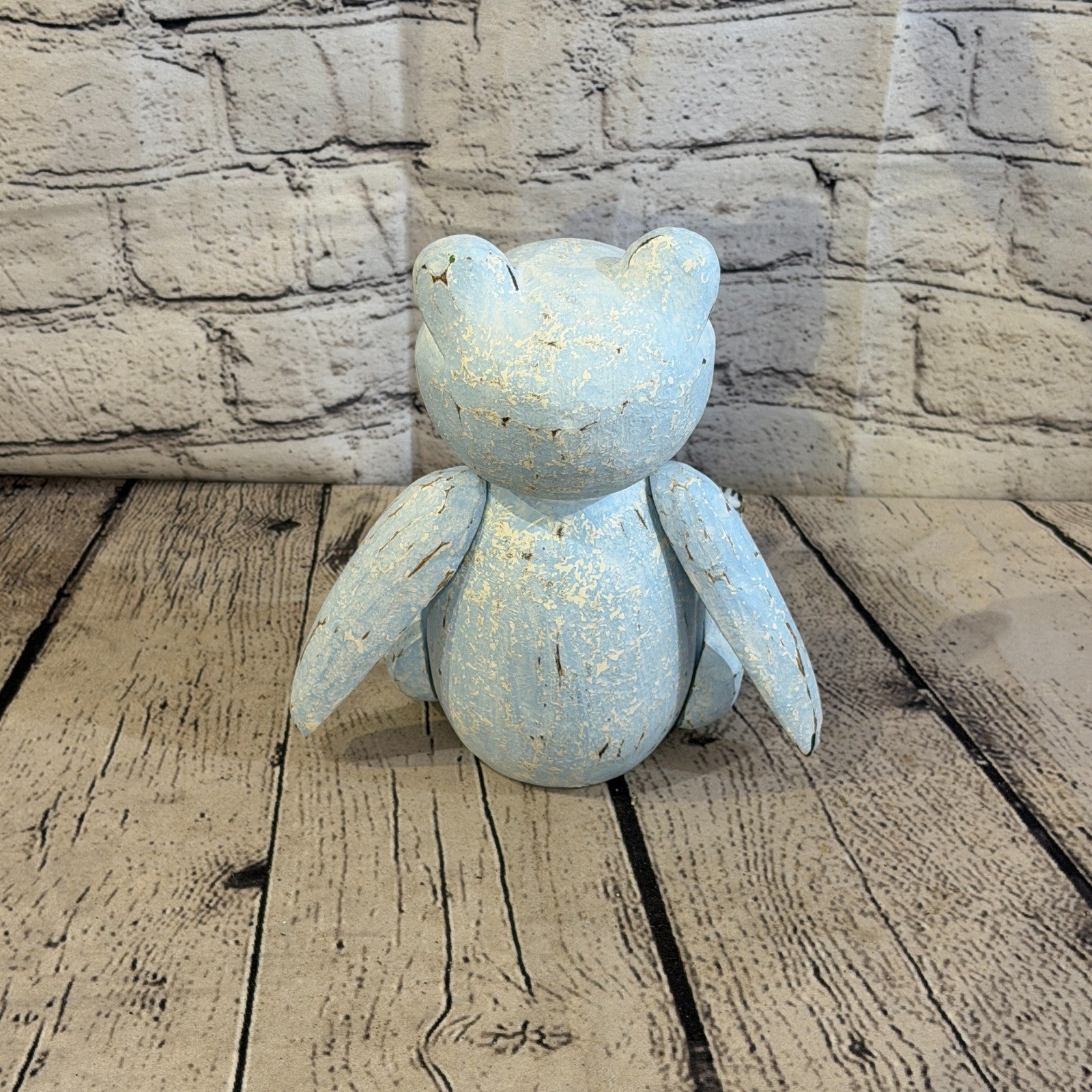 20cm Blue Teddy Bear Sitting Animal, Wooden Shelf Ornament Handmade & Fairtrade4