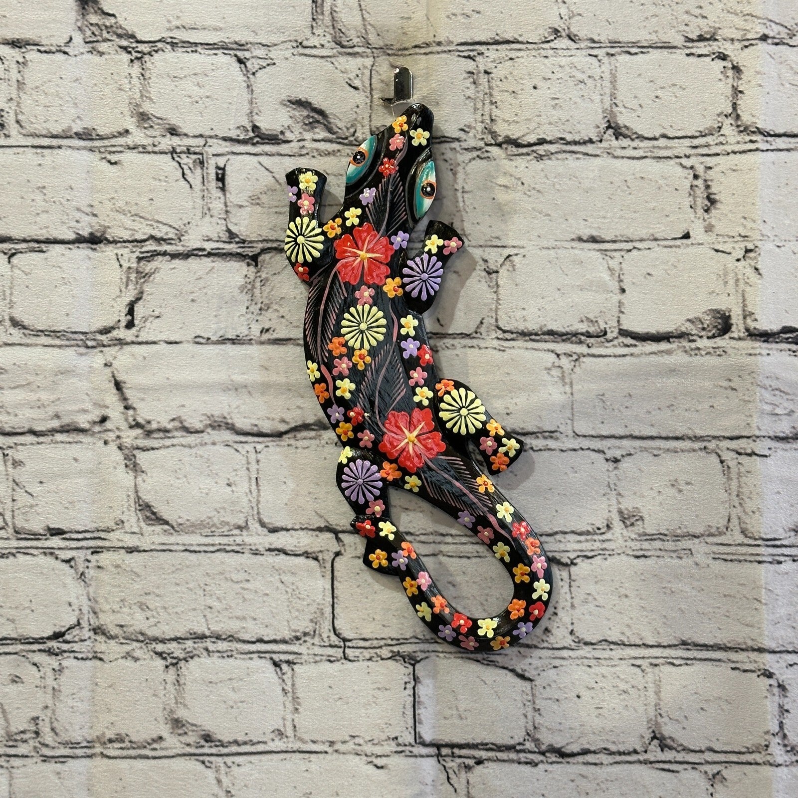 30cm Gecko Lizard Black Flower Wood Wall Hanging Wooden Ornaments Carving2