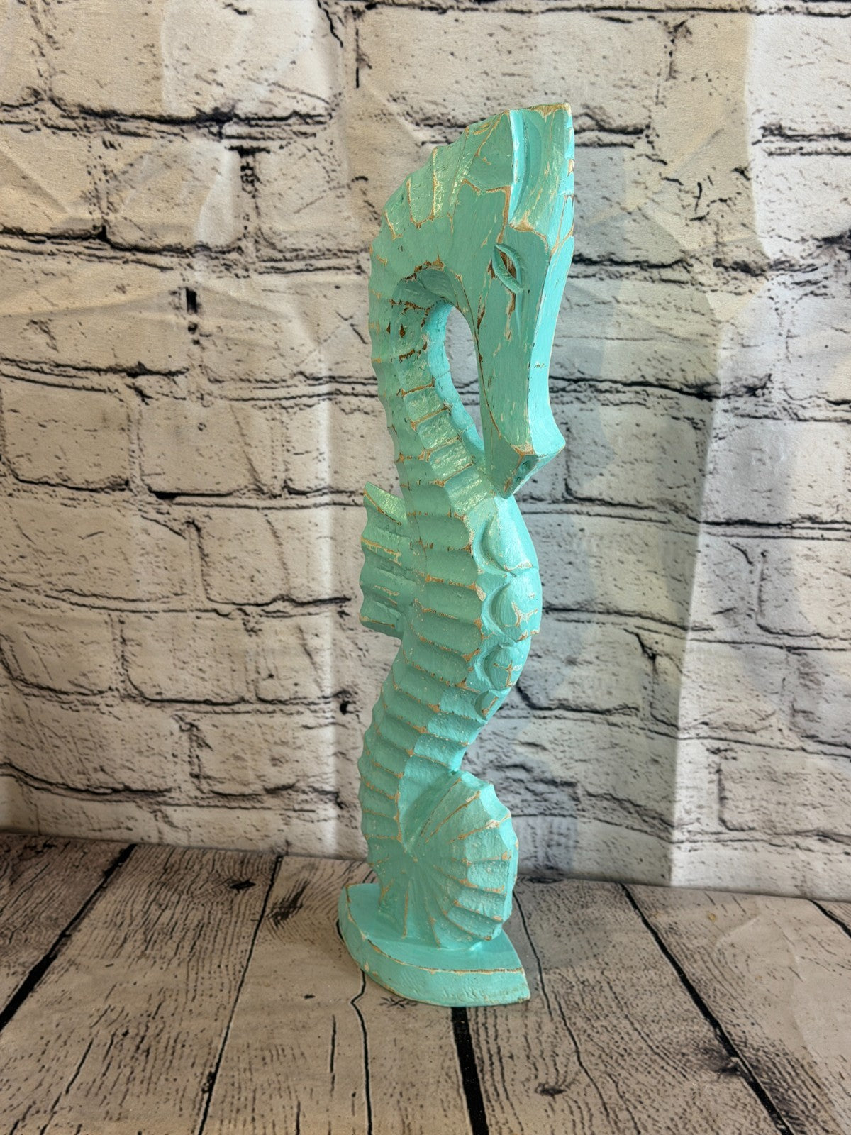 40cm Green Teal Wooden Shabby Seahorse Statue Ornament Fair Trade Handcarved2