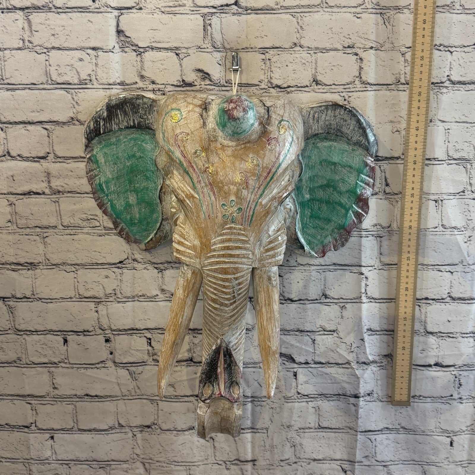 50cm x 45cm Silver Green Painted Wood Elephant Head Wall Mounted Art Shabby4