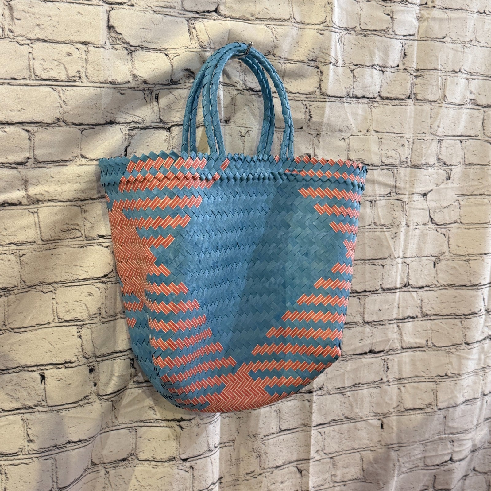 Red Blue 40cm Handwoven Tote Bag Recycled Plastic Eco-Friendly Market Beach0