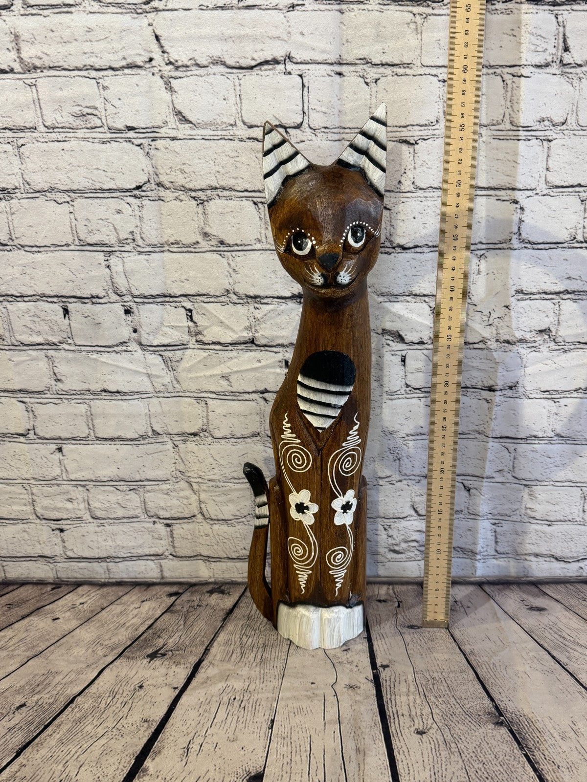 60cm Brown Flower Wooden Shabby Cat Statue Ornament Fair Trade Handcarved5