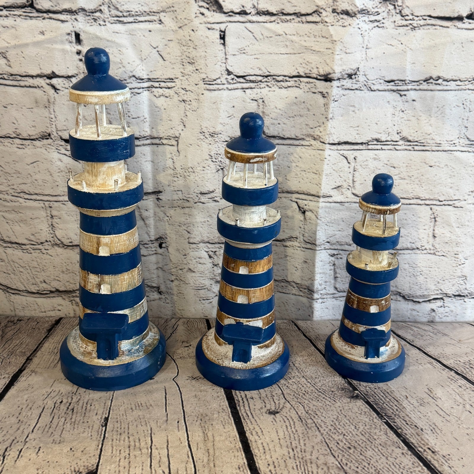 30cm Blue White Wooden Lighthouse Detailed Ornament Nautical Coastal Sculpture6