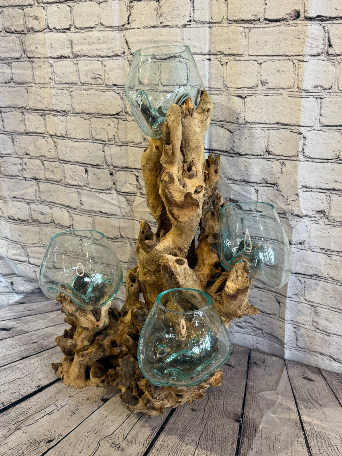 65cm Tall Quad Colour Melted Glass Wood Decorative Vase Glass Sculpture1