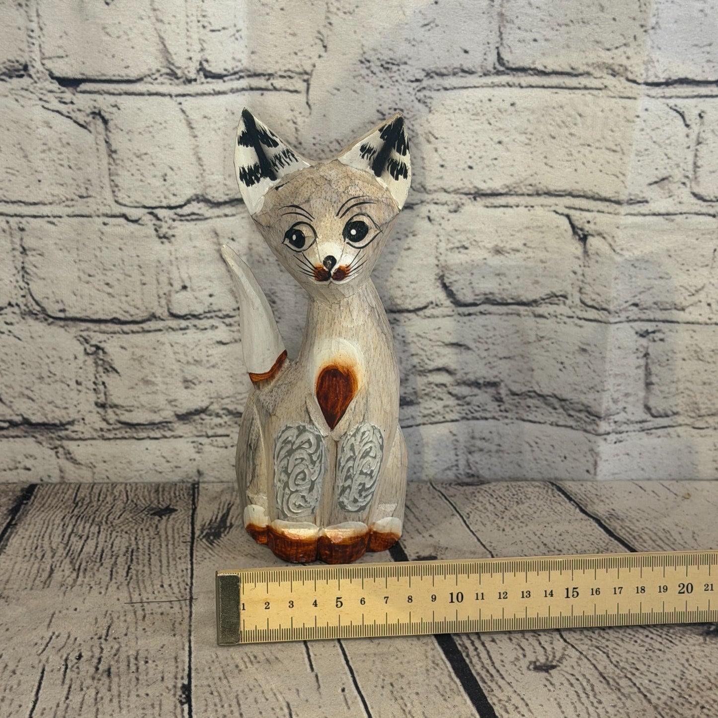 20cm White Dots Wooden Shabby Cat Statue Ornament Fair Trade Handcarved6