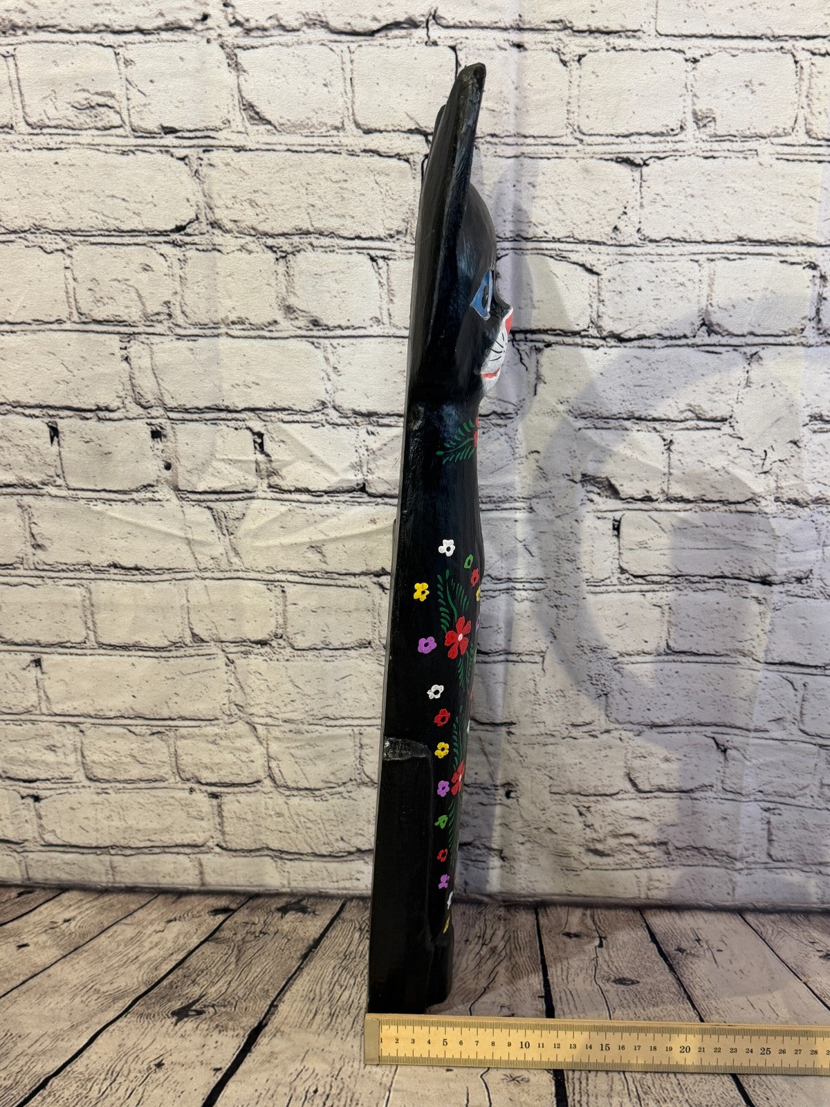 60cm Black Mix Flower Wooden Shabby Cat Statue Ornament Fair Trade Handcarved7