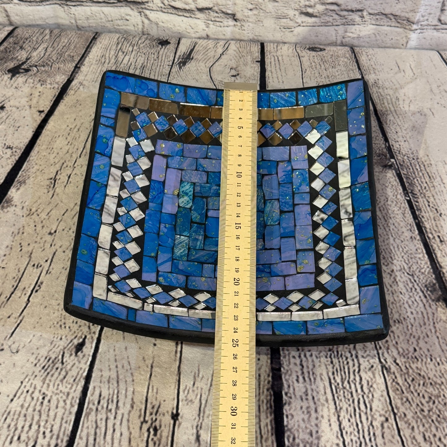 25cm Light Blue Square Mirror Mosaic Handmade Ceramic Glass Tile Bowl Fruit2