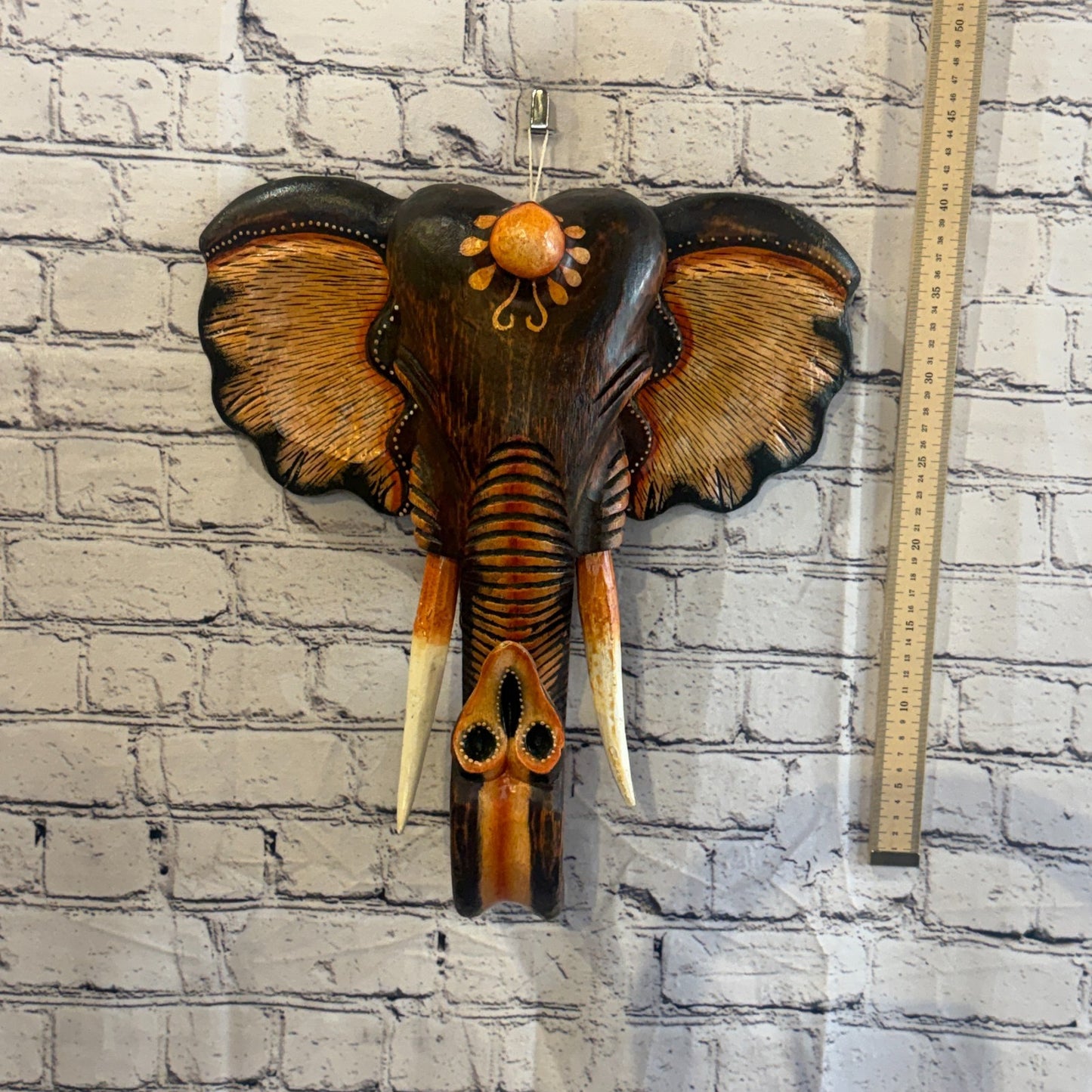 40cm x 35cm Brown Light Painted Wood Elephant Head Wall Mounted Art Shabby4