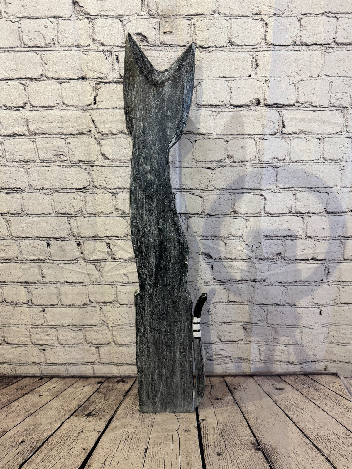 80cm Grey Flower Wooden Shabby Cat Statue Ornament Fair Trade Handcarved5