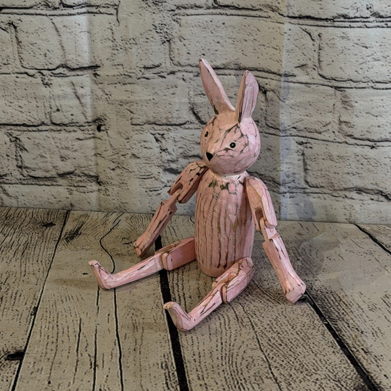 20cm Pink Bunny Rabbit Sitting Animal, Wooden Shelf Ornament Handmade Fairtrade0