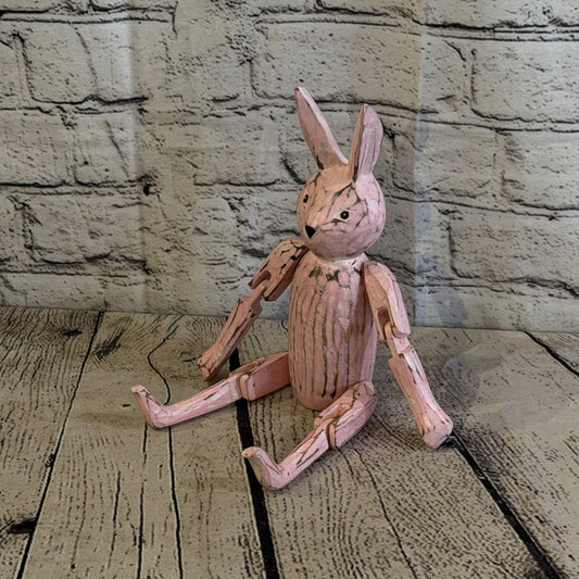 20cm Pink Bunny Rabbit Sitting Animal, Wooden Shelf Ornament Handmade Fairtrade0