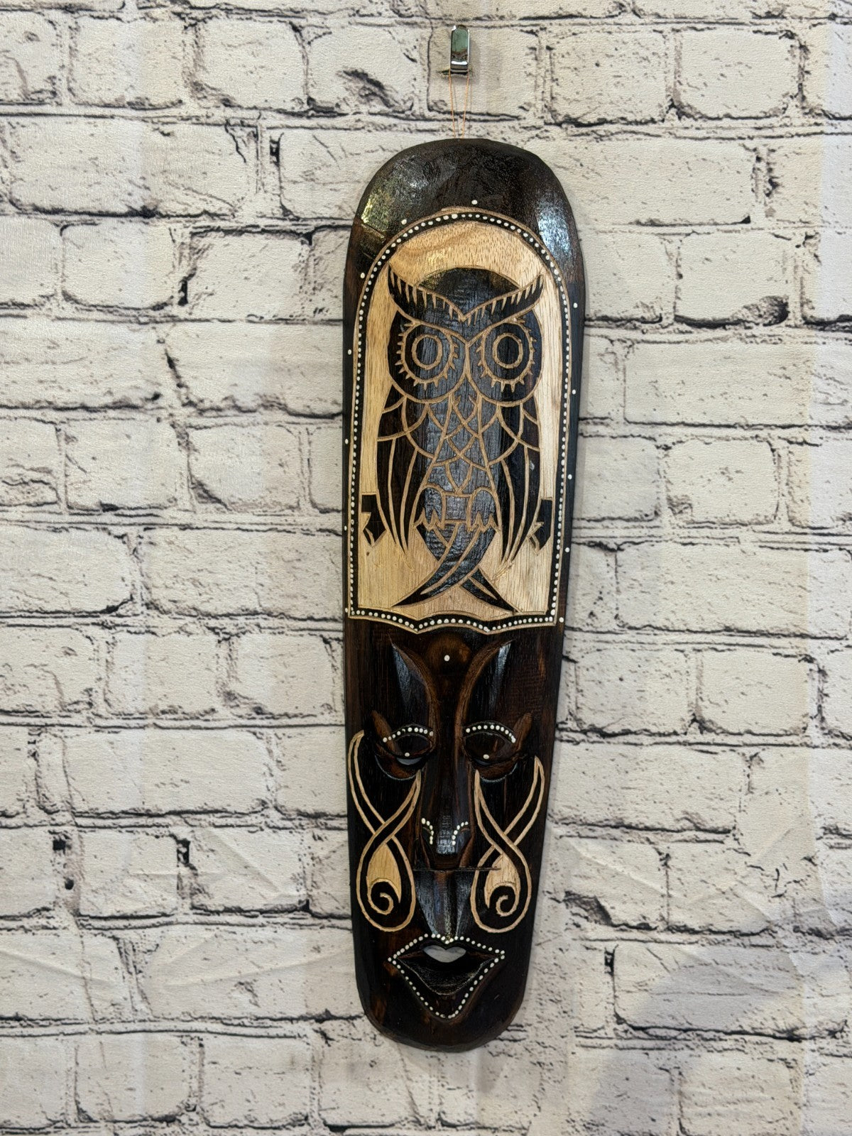 50cm Owl Mask Carved Wooden Brown Work Painted Ethnic Tribal Tiki Wall Art2