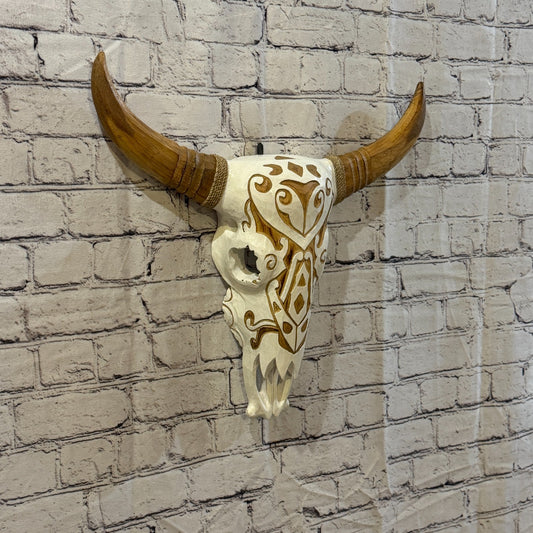 45cm x 45cm White Light Painted Wood Cow Skull Head Wall Mounted Art Shabby0