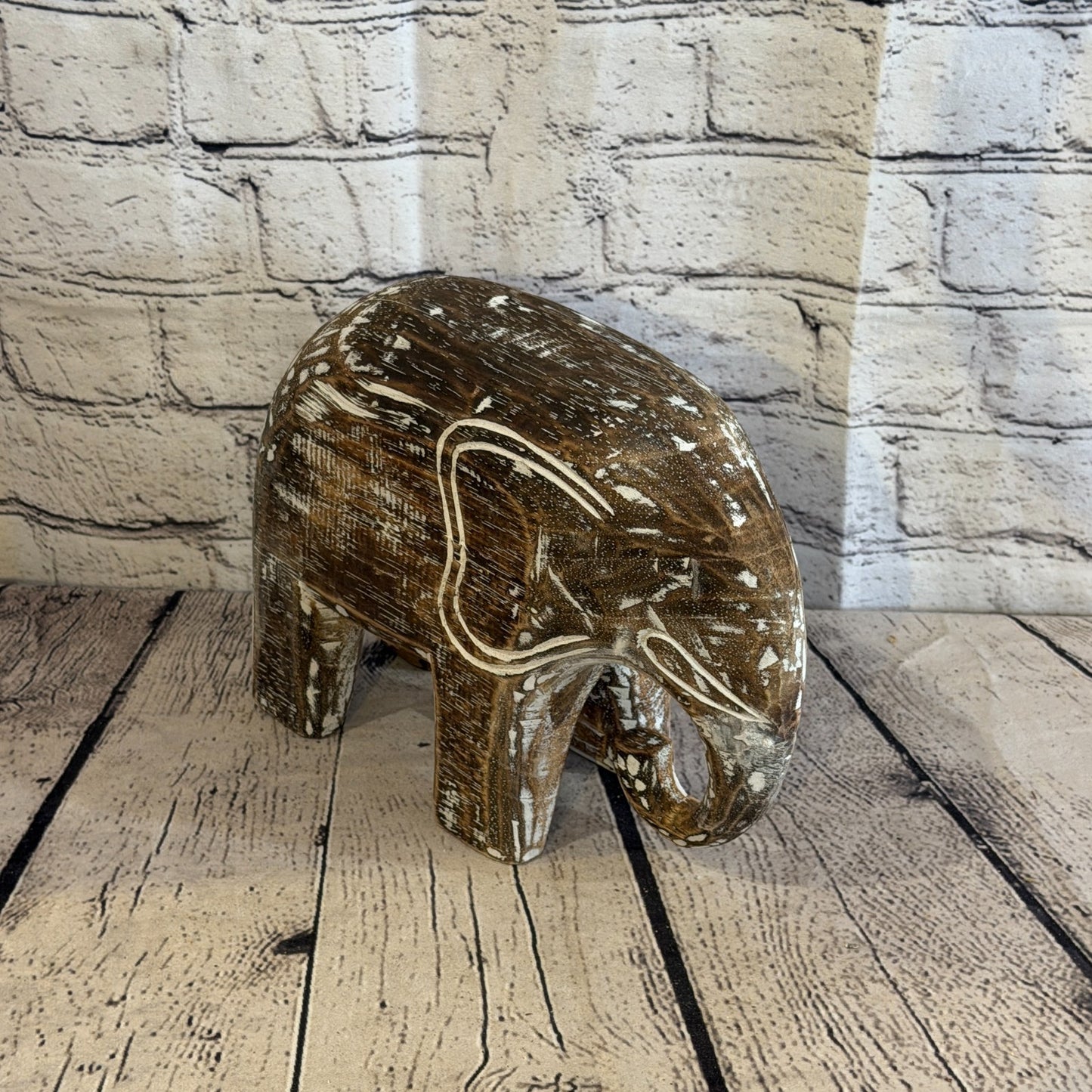 20cm x 25cm Brown Wood Wooden Standing Elephant Hand Carved Painted Statue2
