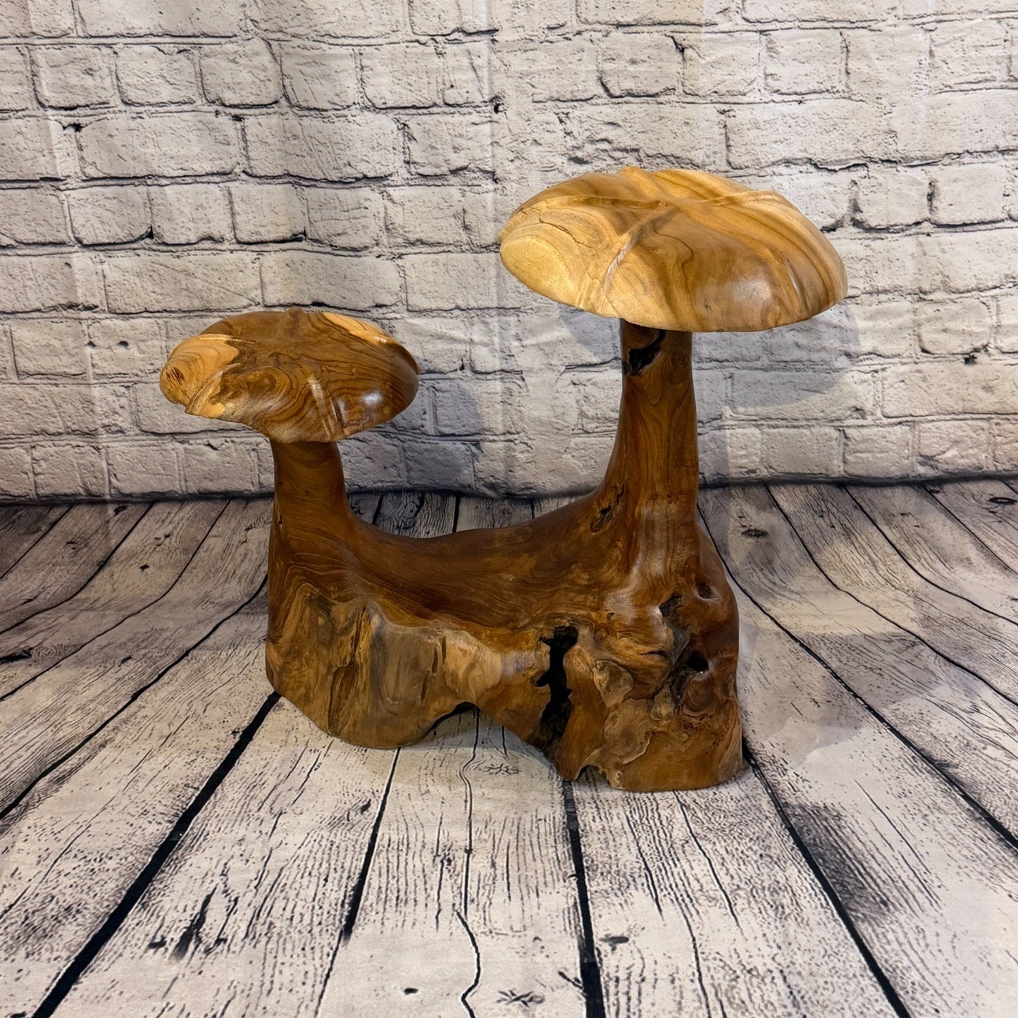 45cm x 40cm Double Wooden Mushroom Toadstool Sculpture Garden Teak Root Ornament4