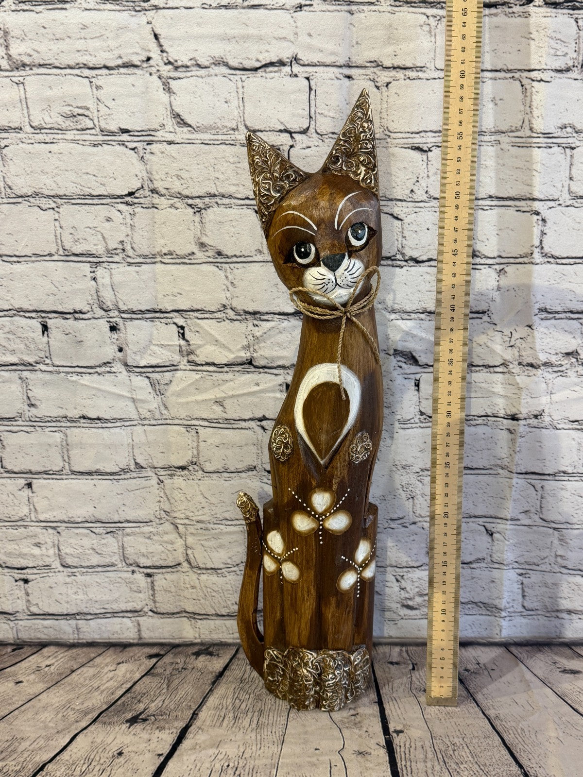 60cm Brown Silver Dots Wooden Shabby Cat Statue Ornament Fair Trade Handcarved5
