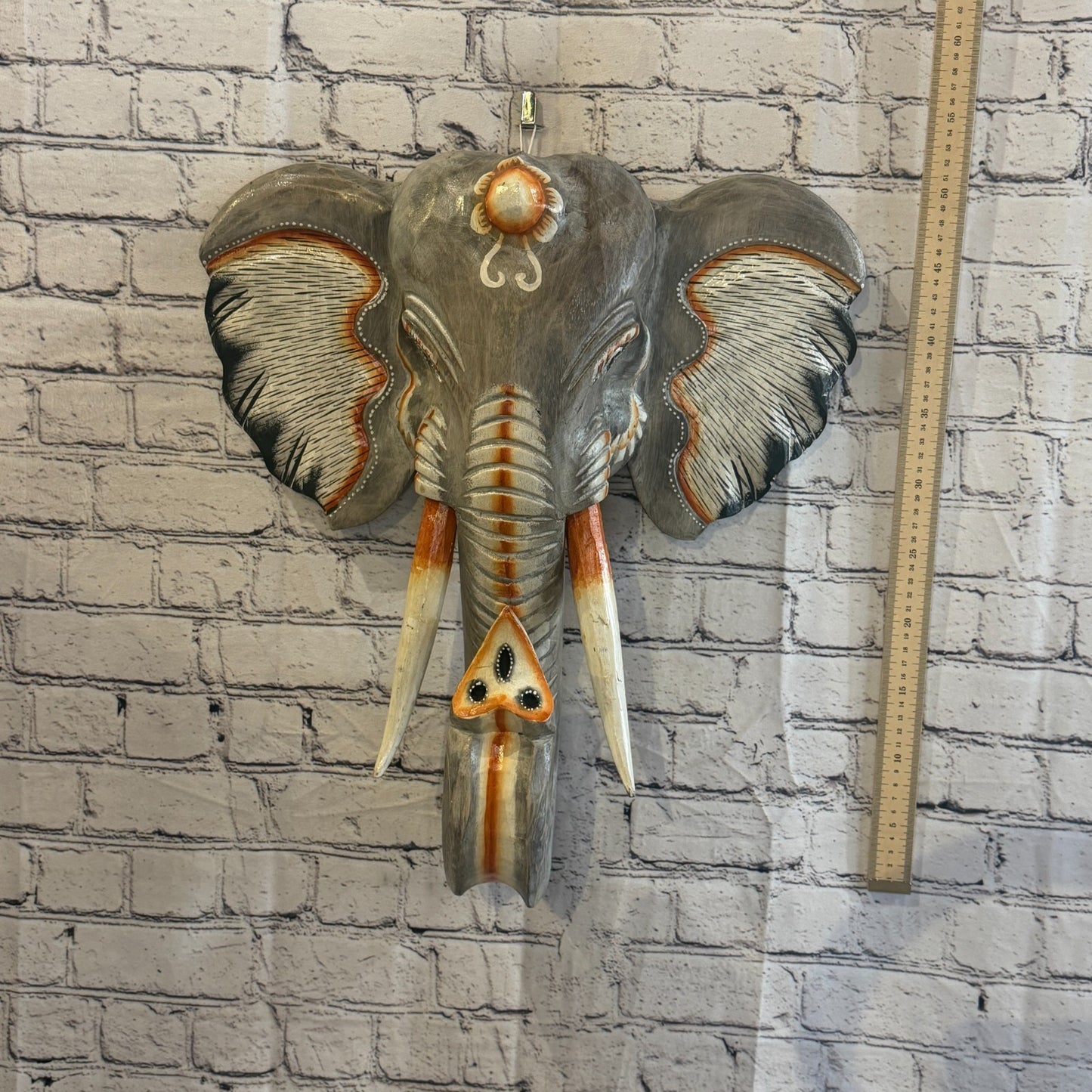 50cm x 45cm Grey Light Painted Wood Elephant Head Wall Mounted Art Shabby4