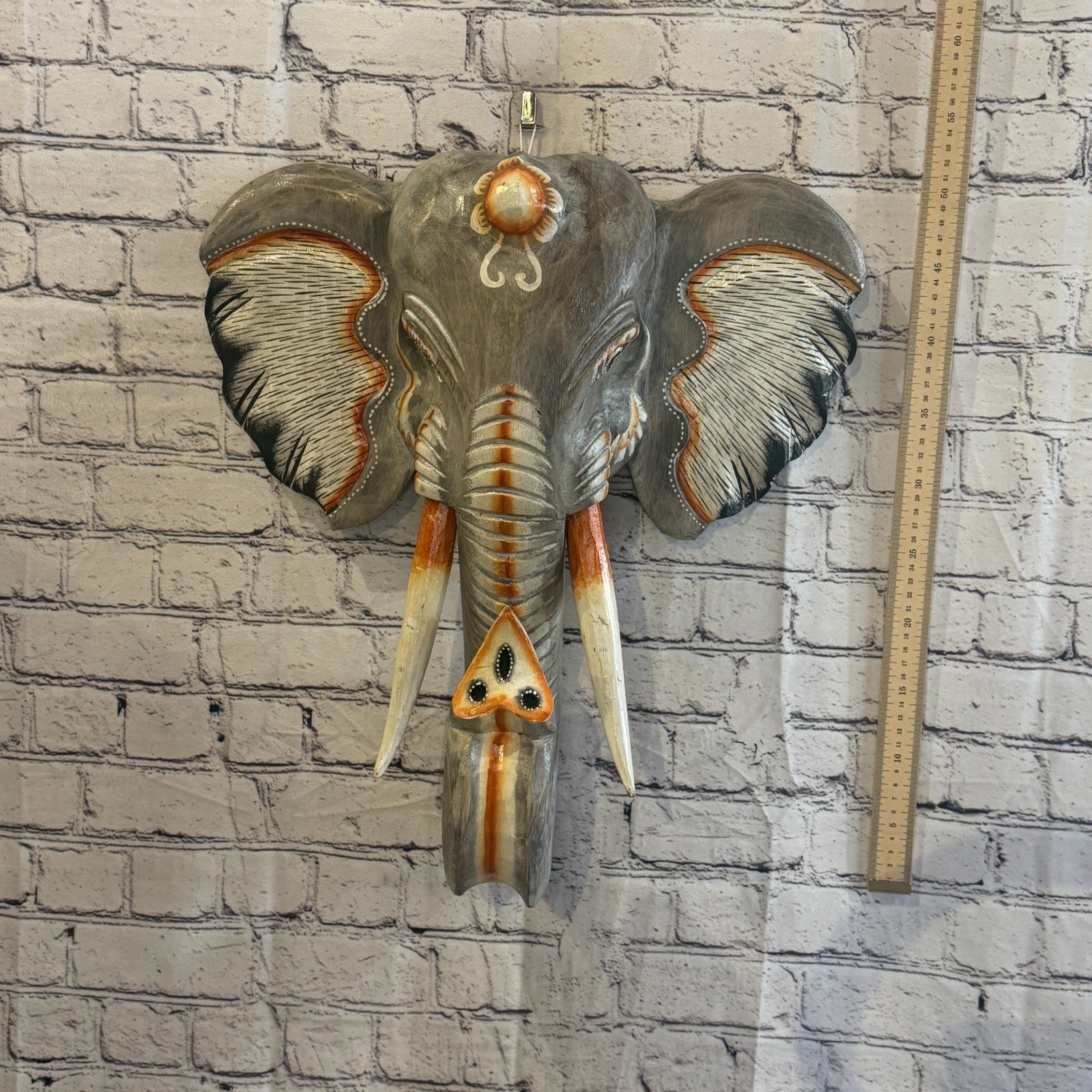 50cm x 45cm Grey Light Painted Wood Elephant Head Wall Mounted Art Shabby4