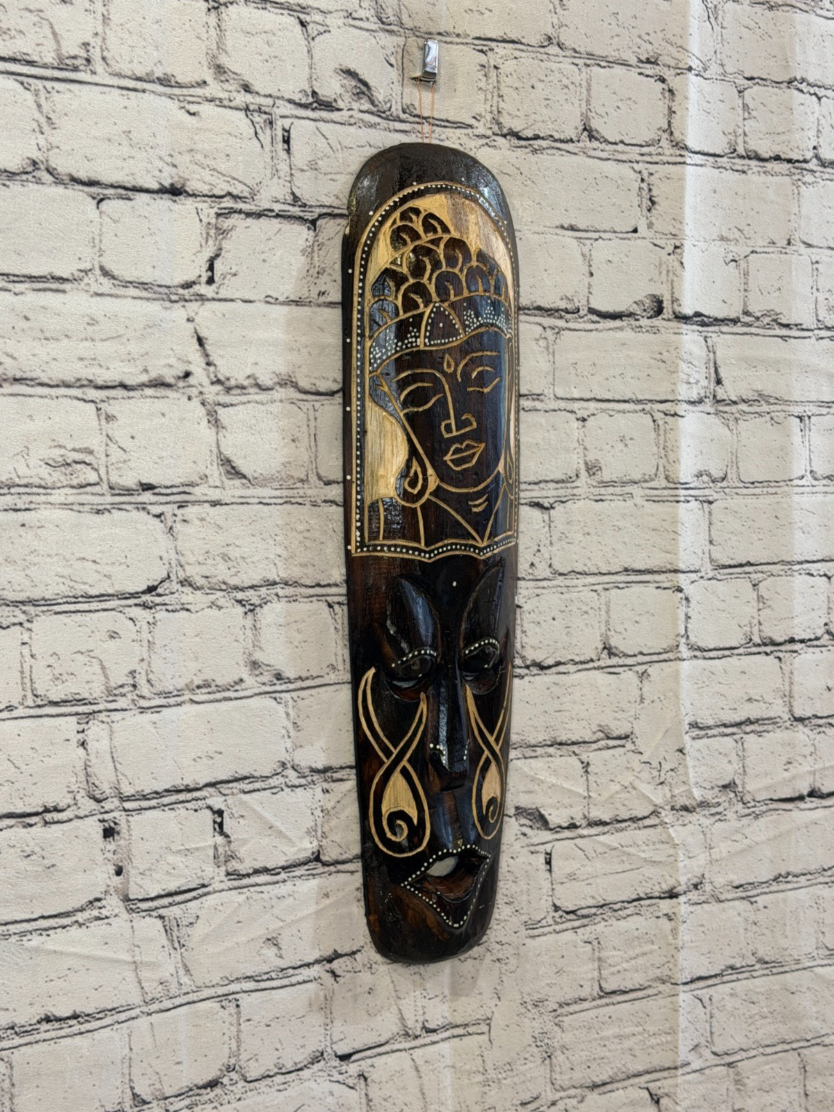 50cm Buddha Mask Carved Wooden Brown Work Painted Ethnic Tribal Tiki Wall Art0